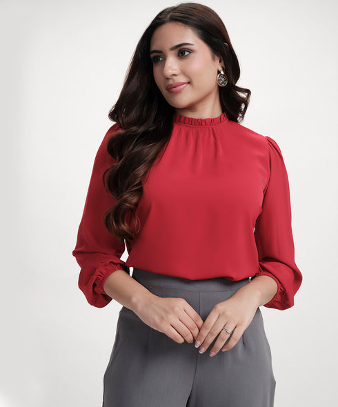 Chiffon Lantern Sleeve Detailed Neck Red Top